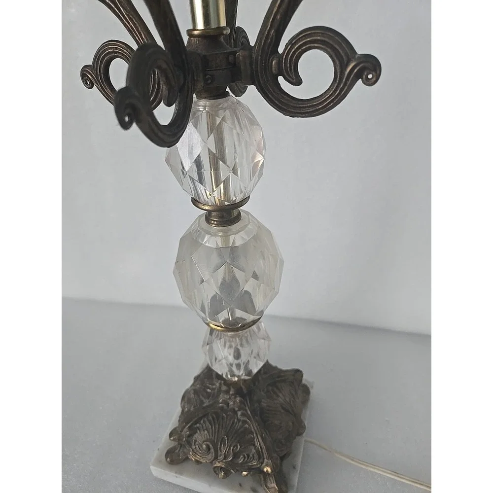 Vtg Hollywood‎ Regency Lamp Bronze Scrolls Marble Base Crystal Glass Belly 1970s